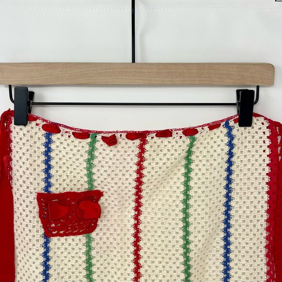 Vintage Off-White w/Red Blue Green Stripes‎ Hand Crochet Red Pocket Half Apron - Picture 6 of 6